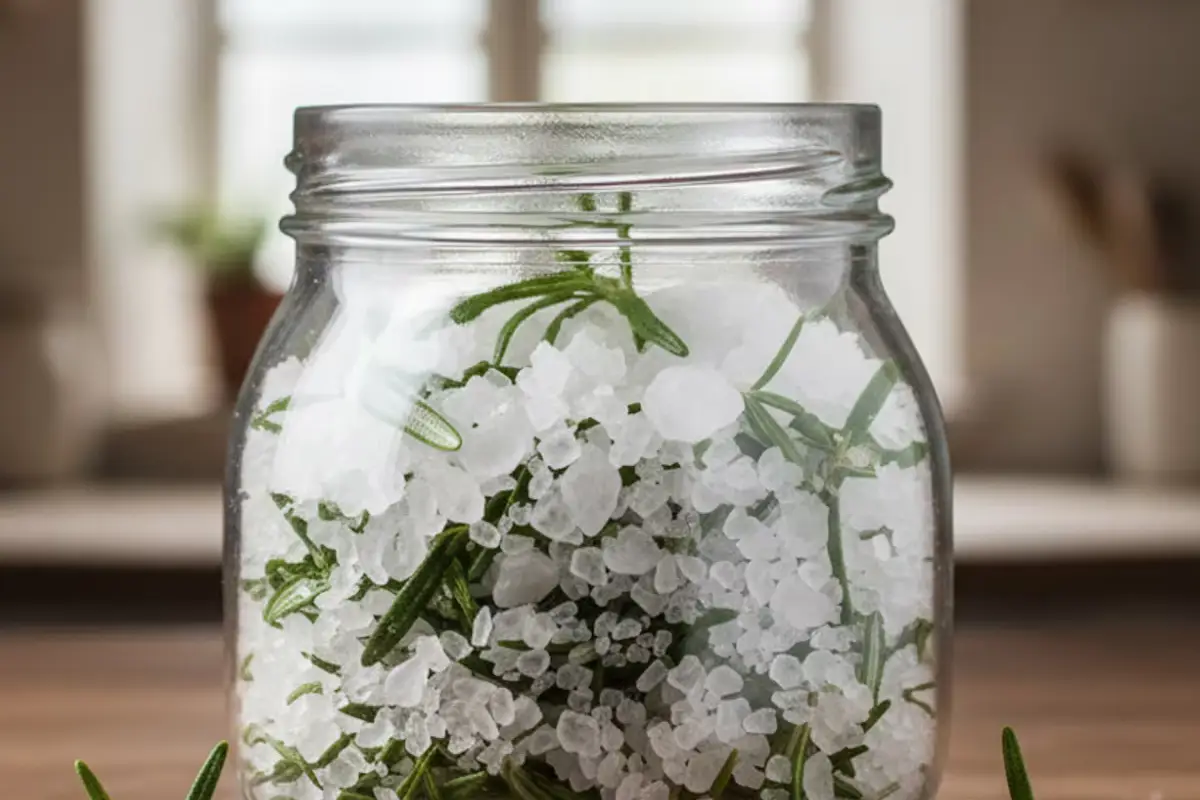 Rosmariini ja karkea suola purkissa – luonnollinen keino raikastaa koti ja hallita kosteutta